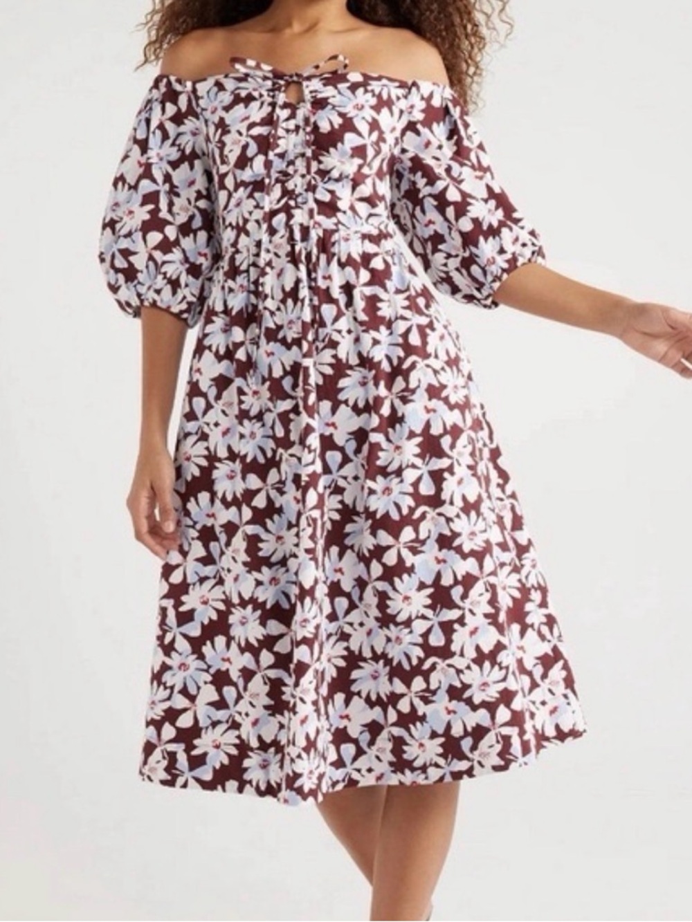 Off-Shoulder Floral Midi Dress in Burgundy and White